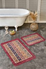 2'li Set Kırmızı Zeminde Etnik Motifli Uşak Desenli Avangarde Etnik Motifler  2'li Banyo & Mutfak Paspas Takımı Realhomes