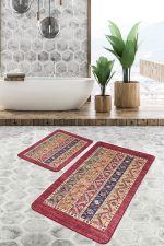 2'li Set Kırmızı Zeminde Etnik Motifli Uşak Desenli Avangarde Etnik Motifler  2'li Banyo & Mutfak Paspas Takımı Realhomes