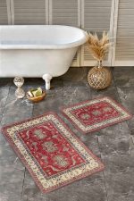 2'li Set Kırmızı Zeminde Anadolu Motifli Hereke Desenli Avangarde Etnik Motifler  2'li Banyo & Mutfak Paspas Takımı Realhomes