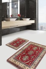 2'li Set Kırmızı Zeminde Anadolu Motifli Hereke Desenli Avangarde Etnik Motifler  2'li Banyo & Mutfak Paspas Takımı Realhomes
