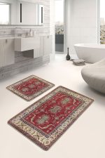 2'li Set Kırmızı Zeminde Anadolu Motifli Hereke Desenli Avangarde Etnik Motifler  2'li Banyo & Mutfak Paspas Takımı Realhomes