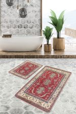 2'li Set Kırmızı Zeminde Anadolu Motifli Hereke Desenli Avangarde Etnik Motifler  2'li Banyo & Mutfak Paspas Takımı Realhomes