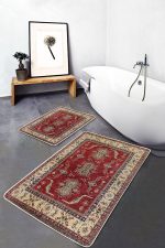 2'li Set Kırmızı Zeminde Anadolu Motifli Hereke Desenli Avangarde Etnik Motifler  2'li Banyo & Mutfak Paspas Takımı Realhomes