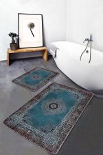 2'li Set Mavi Zeminde Dokuma Motifli Pers Desenli Avangarde Etnik Motifler  2'li Banyo & Mutfak Paspas Takımı Realhomes