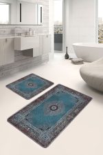 2'li Set Mavi Zeminde Dokuma Motifli Pers Desenli Avangarde Etnik Motifler  2'li Banyo & Mutfak Paspas Takımı Realhomes