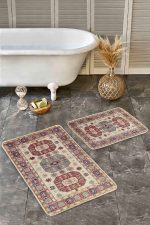 - Realhomes - Realhomes 2'li Set Krem Zeminde Etnik Motifli Osmanlı Desenli Avangarde Klasik 2'li Banyo & Mutfak Paspas Takımı Realhomes