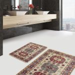 2'li Set Lacivert - Bej Zeminde İkat Motifli Vintage Desenli Geometrik Eskitme Motifli  2'li Banyo & Mutfak Paspas Takımı Realhomes