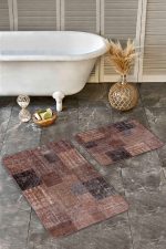 2'li Set Kahverengi Zeminde Patchwork Motifli Yöresel Desenli Vintage Klasik  2'li Banyo & Mutfak Paspas Takımı Realhomes