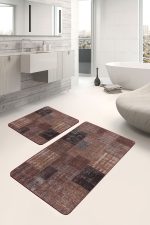 2'li Set Kahverengi Zeminde Patchwork Motifli Yöresel Desenli Vintage Klasik  2'li Banyo & Mutfak Paspas Takımı Realhomes