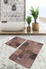2'li Set Kahverengi Zeminde Patchwork Motifli Yöresel Desenli Vintage Klasik  2'li Banyo & Mutfak Paspas Takımı Realhomes