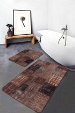 2'li Set Kahverengi Zeminde Patchwork Motifli Yöresel Desenli Vintage Klasik  2'li Banyo & Mutfak Paspas Takımı Realhomes
