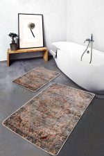 2'li Set Krem Zeminde Eskitme Motifli Göbekli Halı Desenli Avangarde Eskitme Motifli  2'li Banyo & Mutfak Paspas Takımı Realhomes