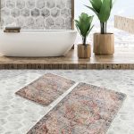 2'li Set Kahverengi - Kiremit Zeminde Modern Sanat Motifli Tablo Desenli Bohem Modern  2'li Banyo & Mutfak Paspas Takımı Realhomes