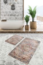2'li Set Krem Zeminde Eskitme Motifli Göbekli Halı Desenli Avangarde Eskitme Motifli  2'li Banyo & Mutfak Paspas Takımı Realhomes