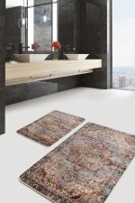 2'li Set Krem Zeminde Eskitme Motifli Göbekli Halı Desenli Avangarde Eskitme Motifli  2'li Banyo & Mutfak Paspas Takımı Realhomes