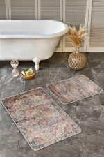 2'li Set Krem Zeminde Eskitme Motifli Göbekli Halı Desenli Avangarde Eskitme Motifli  2'li Banyo & Mutfak Paspas Takımı Realhomes