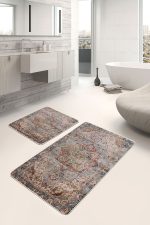 2'li Set Krem Zeminde Eskitme Motifli Göbekli Halı Desenli Avangarde Eskitme Motifli  2'li Banyo & Mutfak Paspas Takımı Realhomes