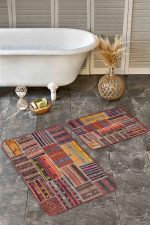 - Realhomes - Realhomes 2'li Set Kırmızı Zeminde Patchwork Motifli Etnik Desenli Vintage Klasik 2'li Banyo & Mutfak Paspas Takımı Realhomes