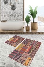 - PaspasTakimi-2li-Set638-Gorsel-5 - Realhomes 2'li Set Kırmızı Zeminde Patchwork Motifli Etnik Desenli Vintage Klasik 2'li Banyo & Mutfak Paspas Takımı Realhomes