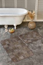 - Realhomes - Realhomes 2'li Set Kahverengi Zeminde Patchwork Motifli Yöresel Desenli Vintage Eskitme Motifli 2'li Banyo & Mutfak Paspas Takımı Realhomes