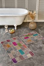 - Realhomes - Realhomes  2'li Set Kırkyama Zeminde Etnik Motifli Patchwork Desenli Vintage Etnik Motifler  2'li Banyo & Mutfak Paspas Takımı Realhomes