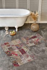 - Realhomes - Realhomes  2'li Set Vintage Zeminde Kırkyama Motifli Patchwork Desenli Vintage Etnik Motifler  2'li Banyo & Mutfak Paspas Takımı Realhomes