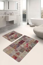 - PaspasTakimi-2li-Set641-Gorsel-4 - Realhomes  2'li Set Vintage Zeminde Kırkyama Motifli Patchwork Desenli Vintage Etnik Motifler  2'li Banyo & Mutfak Paspas Takımı Realhomes