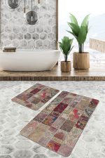 - PaspasTakimi-2li-Set641-Gorsel-5 - Realhomes  2'li Set Vintage Zeminde Kırkyama Motifli Patchwork Desenli Vintage Etnik Motifler  2'li Banyo & Mutfak Paspas Takımı Realhomes