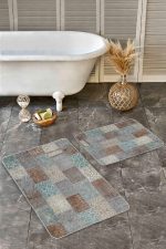 - Realhomes - Realhomes  2'li Set Krem Zeminde Kırkyama Motifli Patchwork Desenli Vintage Sade & Şık  2'li Banyo & Mutfak Paspas Takımı Realhomes