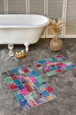 - Realhomes - Realhomes 2'li Set Çok Renkli Zeminde Kırkyama Motifli Patchwork Desenli Vintage Klasik 2'li Banyo & Mutfak Paspas Takımı Realhomes