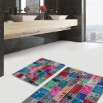 2'li Set Yavruağzı Zeminde Modern Sanat Motifli Kanvas Desenli Bohem Modern  2'li Banyo & Mutfak Paspas Takımı Realhomes