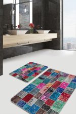 - PaspasTakimi-2li-Set643-Gorsel - Realhomes 2'li Set Çok Renkli Zeminde Kırkyama Motifli Patchwork Desenli Vintage Klasik 2'li Banyo & Mutfak Paspas Takımı Realhomes