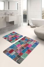 - PaspasTakimi-2li-Set643-Gorsel-2 - Realhomes 2'li Set Çok Renkli Zeminde Kırkyama Motifli Patchwork Desenli Vintage Klasik 2'li Banyo & Mutfak Paspas Takımı Realhomes