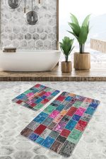 - PaspasTakimi-2li-Set643-Gorsel-4 - Realhomes 2'li Set Çok Renkli Zeminde Kırkyama Motifli Patchwork Desenli Vintage Klasik 2'li Banyo & Mutfak Paspas Takımı Realhomes