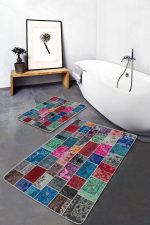 - PaspasTakimi-2li-Set643-Gorsel-5 - Realhomes 2'li Set Çok Renkli Zeminde Kırkyama Motifli Patchwork Desenli Vintage Klasik 2'li Banyo & Mutfak Paspas Takımı Realhomes