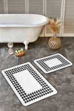 2'li Set Siyah - Beyaz Zeminde Kazayağı Motifli Klasik Desenli Geometrik Klasik  2'li Banyo & Mutfak Paspas Takımı Realhomes
