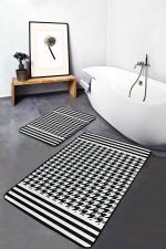 2'li Set Siyah - Beyaz Zeminde Kazayağı Motifli Geometrik Desenli Geometrik Klasik  2'li Banyo & Mutfak Paspas Takımı Realhomes