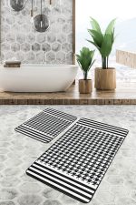 2'li Set Siyah - Beyaz Zeminde Kazayağı Motifli Geometrik Desenli Geometrik Klasik  2'li Banyo & Mutfak Paspas Takımı Realhomes