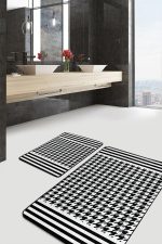 2'li Set Siyah - Beyaz Zeminde Kazayağı Motifli Geometrik Desenli Geometrik Klasik  2'li Banyo & Mutfak Paspas Takımı Realhomes