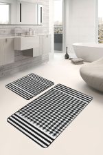 2'li Set Siyah - Beyaz Zeminde Kazayağı Motifli Geometrik Desenli Geometrik Klasik  2'li Banyo & Mutfak Paspas Takımı Realhomes