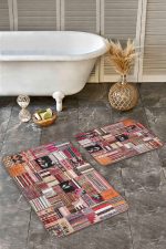 - Realhomes - Realhomes  2'li Set Siyah - Beyaz Zeminde Kırkyama Motifli Patchwork Desenli Vintage Sade & Şık  2'li Banyo & Mutfak Paspas Takımı Realhomes