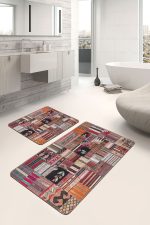 - PaspasTakimi-2li-Set647-Gorsel-4 - Realhomes  2'li Set Siyah - Beyaz Zeminde Kırkyama Motifli Patchwork Desenli Vintage Sade & Şık  2'li Banyo & Mutfak Paspas Takımı Realhomes