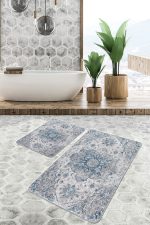 - PaspasTakimi-2li-Set650-Gorsel-1 - Realhomes  2'li Set Krem - Mavi Zeminde Göbekli Halı Motifli Dokuma Desenli Vintage Avangarde  2'li Banyo & Mutfak Paspas Takımı Realhomes