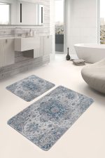 - PaspasTakimi-2li-Set650-Gorsel - Realhomes  2'li Set Krem - Mavi Zeminde Göbekli Halı Motifli Dokuma Desenli Vintage Avangarde  2'li Banyo & Mutfak Paspas Takımı Realhomes