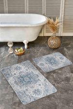 - Realhomes - Realhomes  2'li Set Krem - Mavi Zeminde Göbekli Halı Motifli Dokuma Desenli Vintage Avangarde  2'li Banyo & Mutfak Paspas Takımı Realhomes