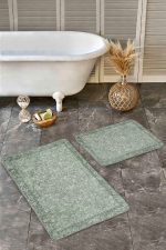 - Realhomes - Realhomes  2'li Set Yeşil Zeminde Çerçeveli Motifli Etnik Desenli Avangarde Klasik  2'li Banyo & Mutfak Paspas Takımı Realhomes