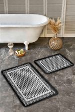 - Realhomes - Realhomes 2'li Set Siyah - Beyaz Zeminde Çerçeveli Motifli Geometrik Desenli Geometrik Sade & Şık 2'li Banyo & Mutfak Paspas Takımı Realhomes