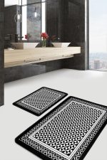 - PaspasTakimi-2li-Set655-Gorsel - Realhomes 2'li Set Siyah - Beyaz Zeminde Çerçeveli Motifli Geometrik Desenli Geometrik Sade & Şık 2'li Banyo & Mutfak Paspas Takımı Realhomes