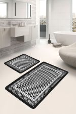 - PaspasTakimi-2li-Set655-Gorsel-2 - Realhomes 2'li Set Siyah - Beyaz Zeminde Çerçeveli Motifli Geometrik Desenli Geometrik Sade & Şık 2'li Banyo & Mutfak Paspas Takımı Realhomes