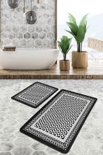 - PaspasTakimi-2li-Set655-Gorsel-4 - Realhomes 2'li Set Siyah - Beyaz Zeminde Çerçeveli Motifli Geometrik Desenli Geometrik Sade & Şık 2'li Banyo & Mutfak Paspas Takımı Realhomes